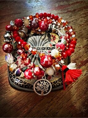 Red Crystal Bracelet Trio. Tree charm